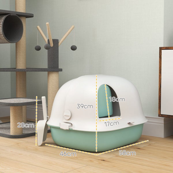 PawHut Katzentoilette mit Deckel, Katzenklo mit Sieb, Tür, Schaufel, geschlossen Katze Toilettenhaus für kleine Katze unter 3,5 kg, Indoor, Kunststoff, Grün