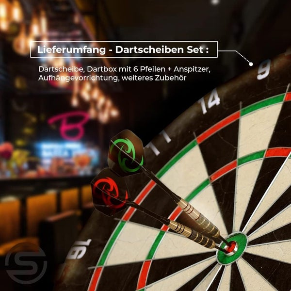 Dartscheiben-Set bestehend aus Dartscheibe, Dartbox mit sechs Pfeilen, Anspitzer, Aufhängevorrichtung und weiterem Zubehör.