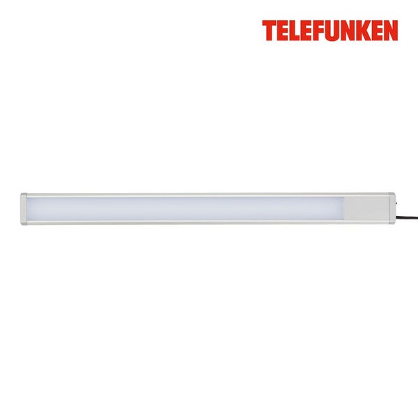 Schlanke Telefunken LED-Unterbauleuchte in Silber mit weißem Diffusor. Telefunken Logo.