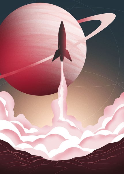 Illustration einer startenden Rakete vor einem Planeten mit Ring