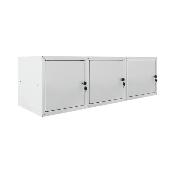 Dreiteiliger Wand-Hängeschrank aus Metall mit drei abschließbaren Türen und Schlüsseln.