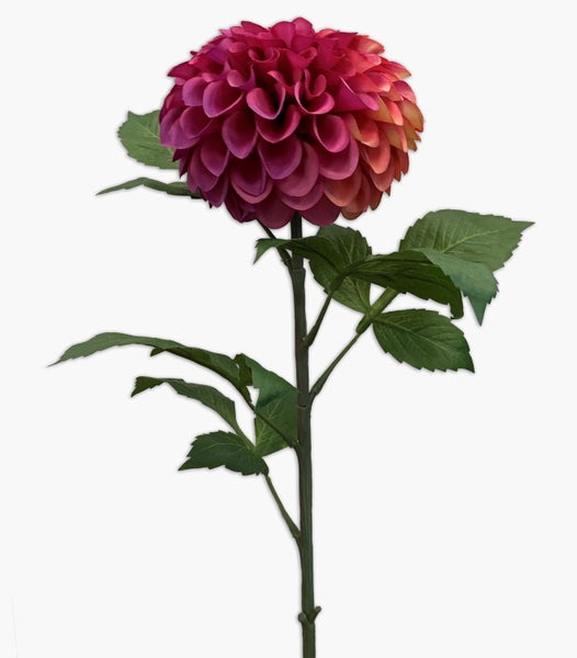 Künstliche Dahlie mit rosafarbener Blüte und grünem Stiel mit Blättern.