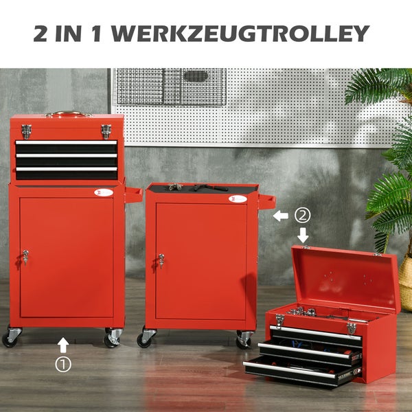 DURHAND, 2-in-1 Werkstattwagen, Rollwagen zur Werkzeugaufbewahrung, 46L x 28B x 94H cm, Stahl, Rot