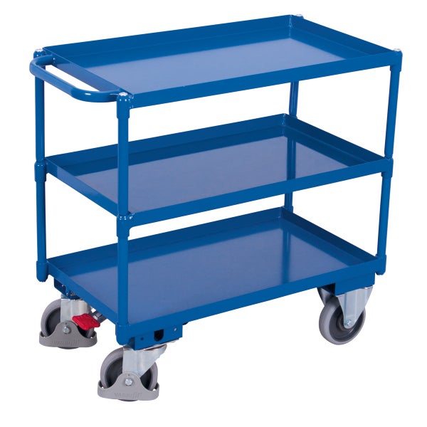 Blauer Servierwagen mit drei Ablageflächen und Rollen