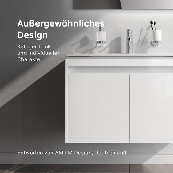 Moderner Waschbeckenunterschrank mit Armatur und Badzubehör an der Wand vor einer grauen Wand