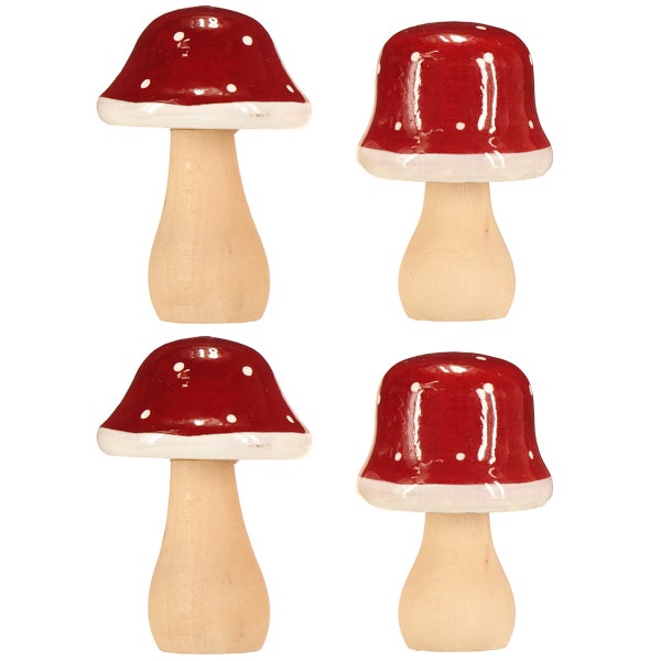 Vier dekorative Fliegenpilze aus Holz