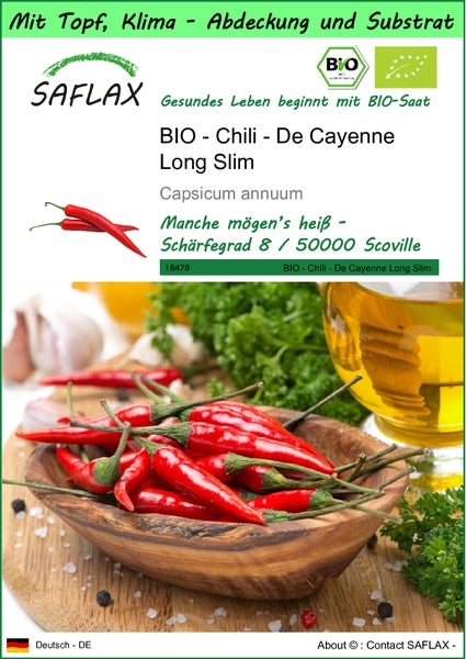 SAFLAX Garden to go - BIO - Chili - De Cayenne Long Slim - Capsicum annuum - 10 Samen - Mit Topf, Klima - Deckel und Anzuchtsubstrat