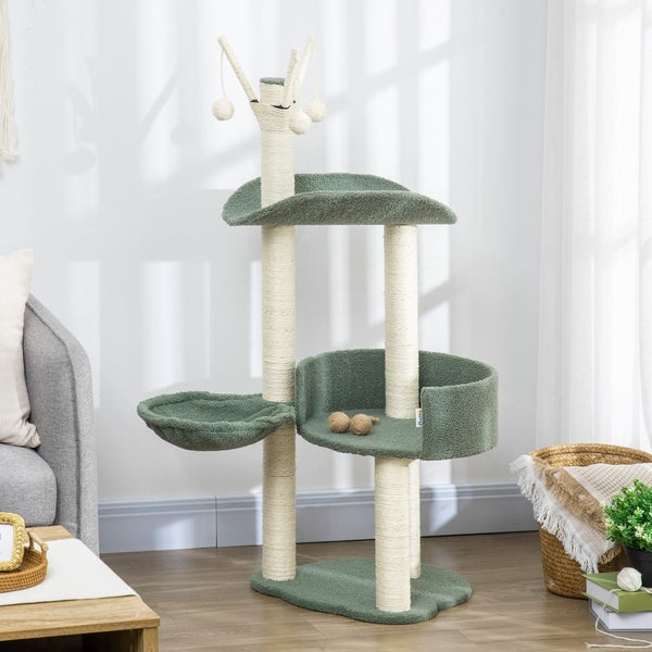 PawHut Kratzbaum 123H cm Katzenbaum Kletterbaum Katzenkratzbaum mit Liegekorb, Spielball, Sisalsäule für Katzen bis 5 kg Plüsch Cremeweiß+Grün