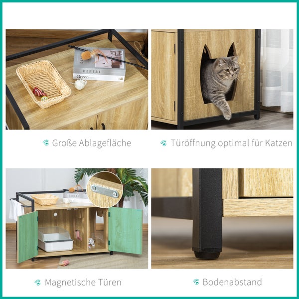 Multifunktionaler Katzenschrank in Holzoptik mit schwarzem Metallgestell, nutzbar als Katzenklo-Gehäuse oder dekorativer Beistelltisch.