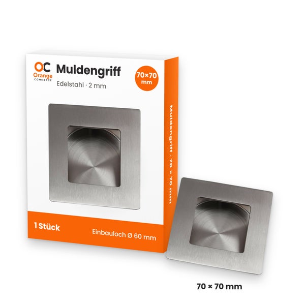 Quadratischer Muldengriff aus Edelstahl, 70 mal 70 Millimeter, für Einbauloch mit 60 Millimeter Durchmesser, inklusive Verpackung