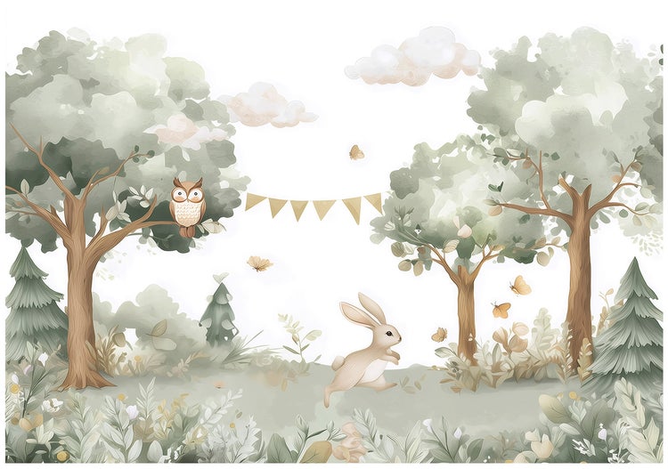 Dekoratives Wald-Wandbild mit Bäumen, Eule, Hase und Schmetterlingen