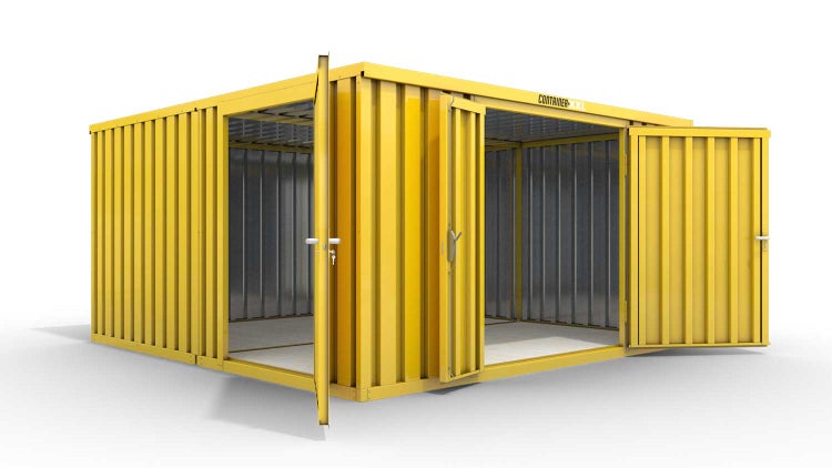 Lagercontainer Gerätehaus L2  – 16 qm, H2150 x B4050 x T4340 mm, Außenwandlackierung RAL 1003 signalgelb, Dach außen verzinkt, mit Holzfußboden, 1830 mm Doppelflügeltür mittig in Stirnseite und 1270 mm Einflügeltür mittig in Modul C, montiert