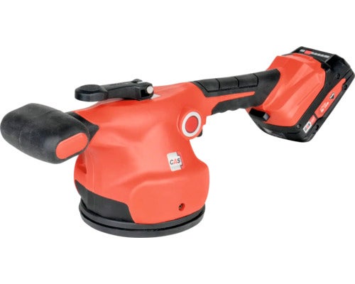 Akku-Saugheber für das Heben glatter Oberflächen mit ergonomischem Griff, Akku und CAS Logo.