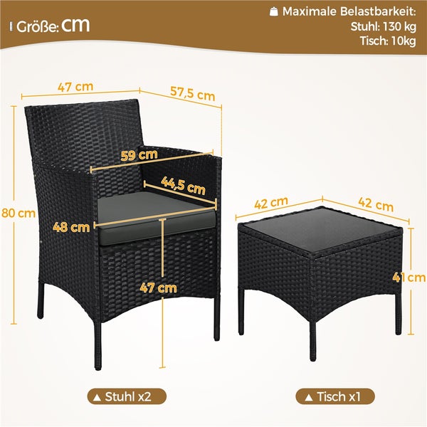 Abbildung eines Gartenmöbelsets mit zwei Stühlen und einem Tisch, jeweils mit Maßangaben versehen