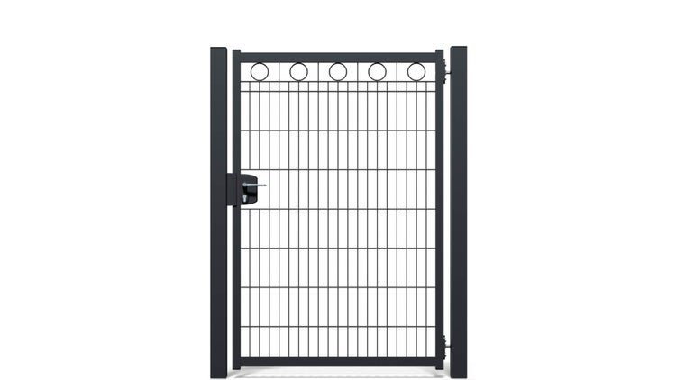 Zauntür ZAUNGURU BASIC-Linie Berlin Kreis aus Metall, Höhe: 163cm, Breite: 123cm, 1-flügelig inkl. Pfosten, Schloss und Zubehör, Feuerverzinkt und zusätzlich in RAL 7016 Anthrazitgrau pulverbeschichtet