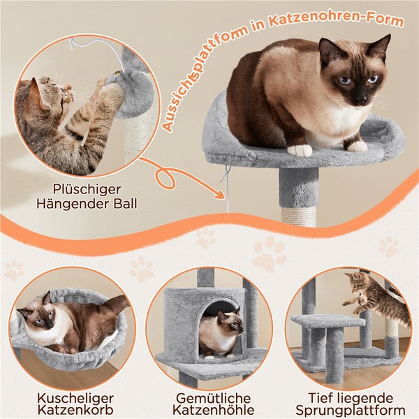 Katzenkratzbaum mit Aussichtsplattform, Katzenhöhle, Katzenkorb und Spielzeugball