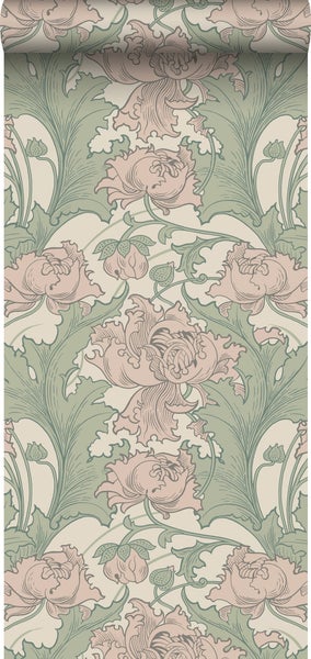 Borastapeter Tapete Blumen Grün und Altrosa - 53 cm x 10.05 m - 660077