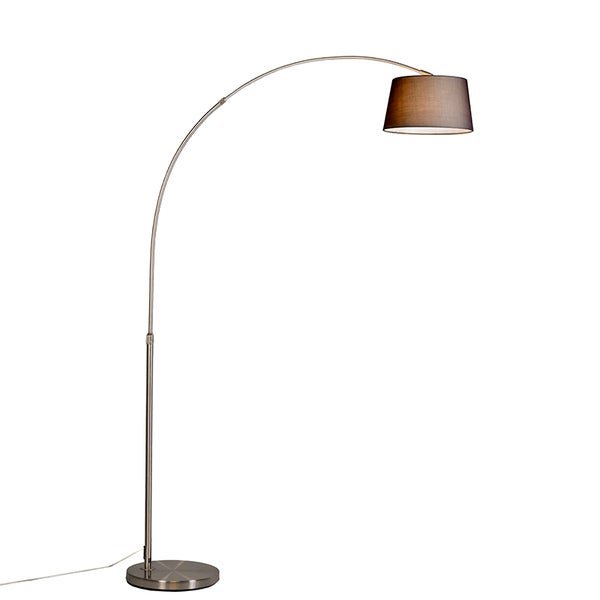 QAZQA - Moderne Bogenlampe aus Stahl I Silber I nickel matt mit schwarzem Stoffschirm - Arc Basic I Wohnzimmer - Stahl Länglich - LED geeignet E27