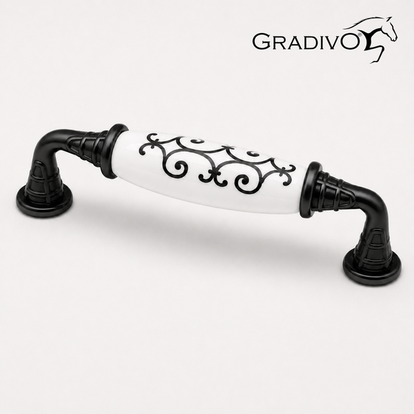 Möbelgriff Bogengriff aus Metall und Keramik mit verschnörkeltem Muster. Gradivo Logo.