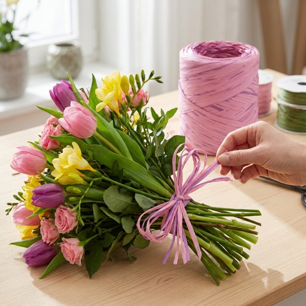 Eine Hand bindet einen Blumenstrauß aus Tulpen und Freesien mit einem Band auf einem Holztisch zusammen mit einer Rolle Bastband im Hintergrund.