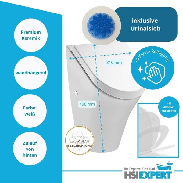 Wandhängendes Urinal aus Premium Keramik mit LotusCLEAN Beschichtung, inklusive Urinalsieb und Absenkautomatik, Maße 310 x 490 mm