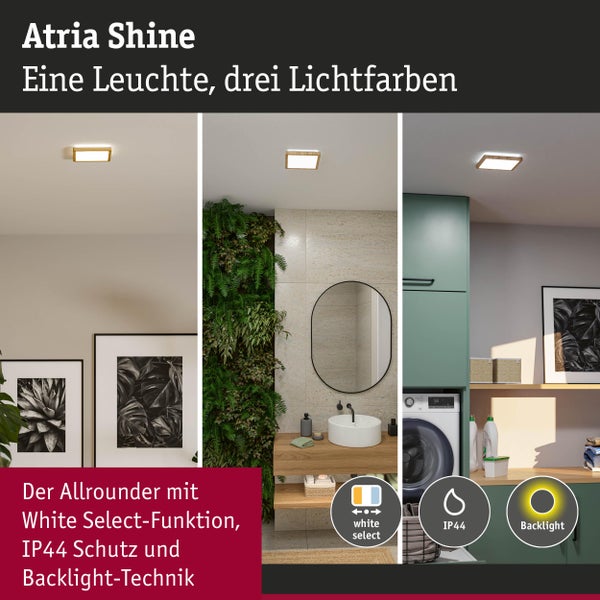 Quadratisches Paulmann Atria Shine LED-Panel in verschiedenen Wohnräumen mit drei Lichtfarben, Schutzart IP44 und Backlight-Funktion.