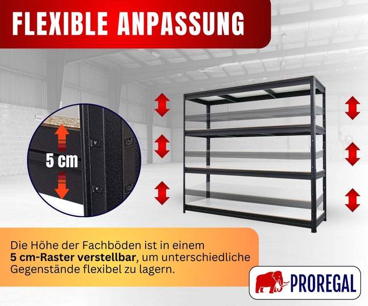 ProRegal Schwerlastregal aus Metall mit im 5 Zentimeter Raster höhenverstellbaren Fachböden.