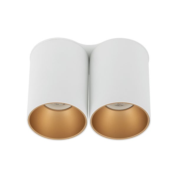 Zweiflammiger Deckenstrahler in Zylinderform, weißes Gehäuse mit goldfarbenem Reflektor.