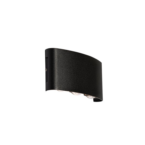 Schwarze, gewölbte LED-Außenwandleuchte mit strukturierter Oberfläche und Lichtauslässen an der Unterseite.