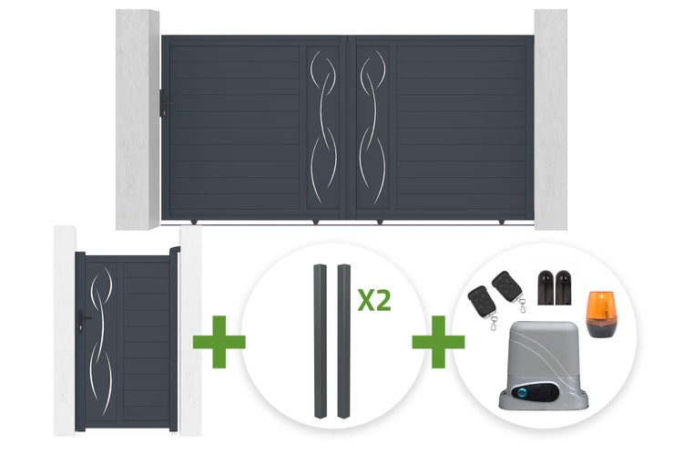 Anthrazitfarbenes Schiebetor- und Gartentor-Set mit Wellendesign, zwei Pfosten und Torantrieb inklusive Motor und Fernbedienungen.
