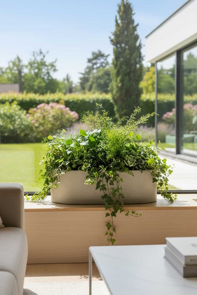 Modernes längliches Pflanzgefäß mit grünen Zimmerpflanzen wie Efeu und Farn auf einer Holzablage vor einem Fenster mit Blick in den hellen Garten.