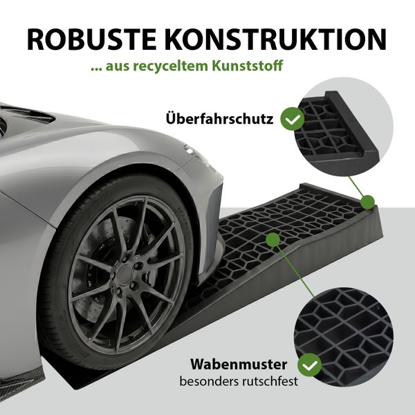 Auffahrrampe aus recyceltem Kunststoff mit Wabenmuster für Rutschfestigkeit und integriertem Überfahrschutz für Fahrzeuge.