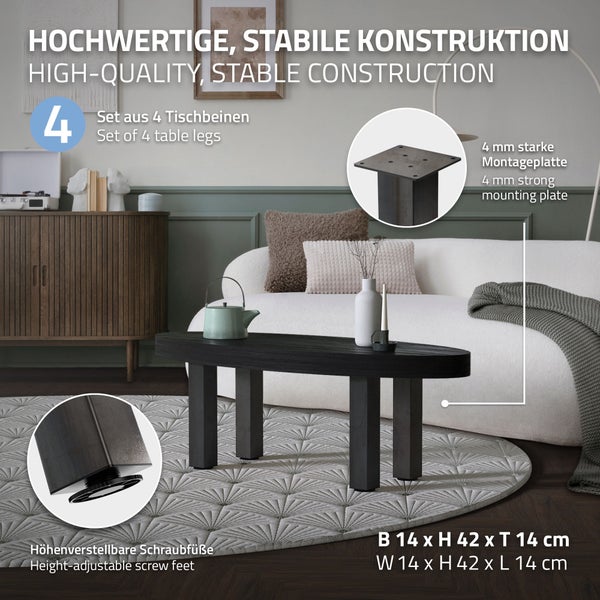 Set aus 4 Tischbeinen, 14 mal 42 mal 14 Zentimeter, mit höhenverstellbaren Schraubfüßen und 4 Millimeter starker Montageplatte an einem Couchtisch.