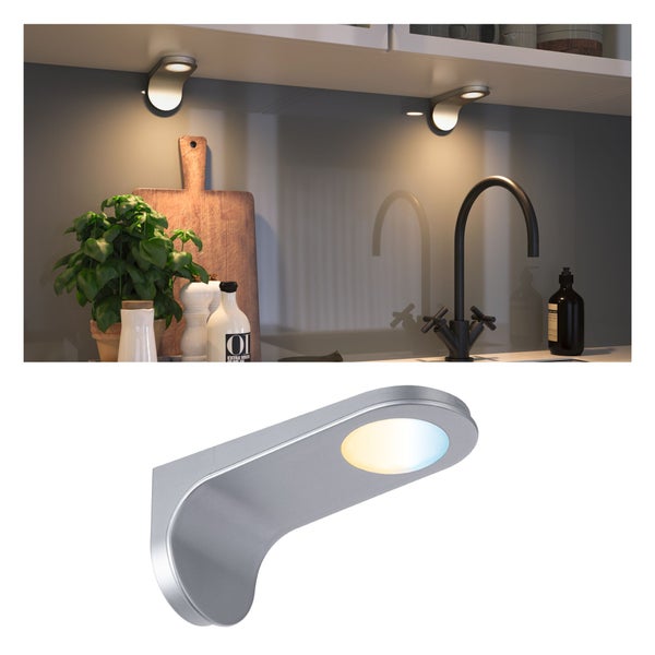 Set aus drei schwenkbaren Einbaustrahlern mit Leuchtmittel und technischen Maßangaben zur Installation.