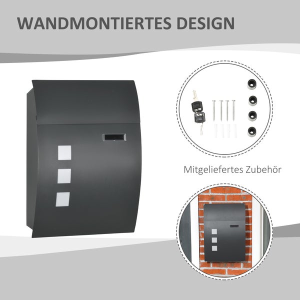 HOMCOM Briefkasten Postkasten mit Deckel, Schloss, Wandbriefkasten mit Sichtfenster Wasserloch aus Verzinktem Stahl, für Outdoor, 32 x 10 x 45 cm, Dunkelgrau
