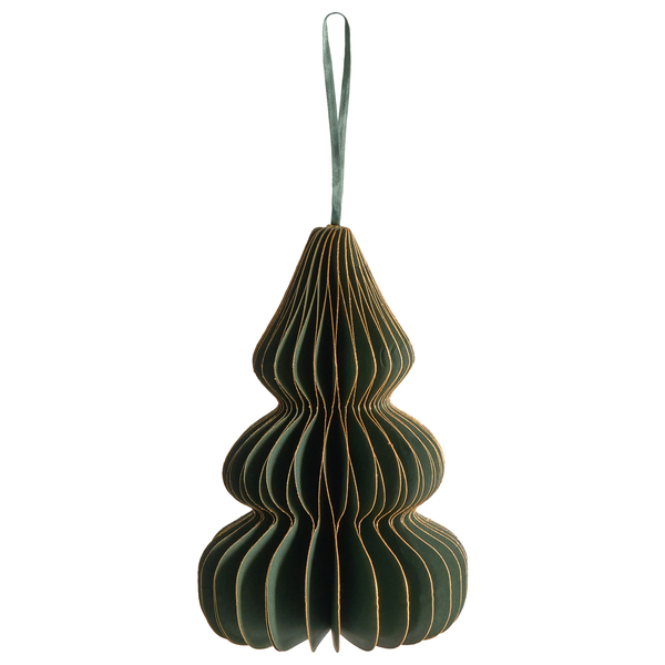 Grüner Tannenbaum-Anhänger aus Papier mit Goldkante und Aufhängeschlaufe.