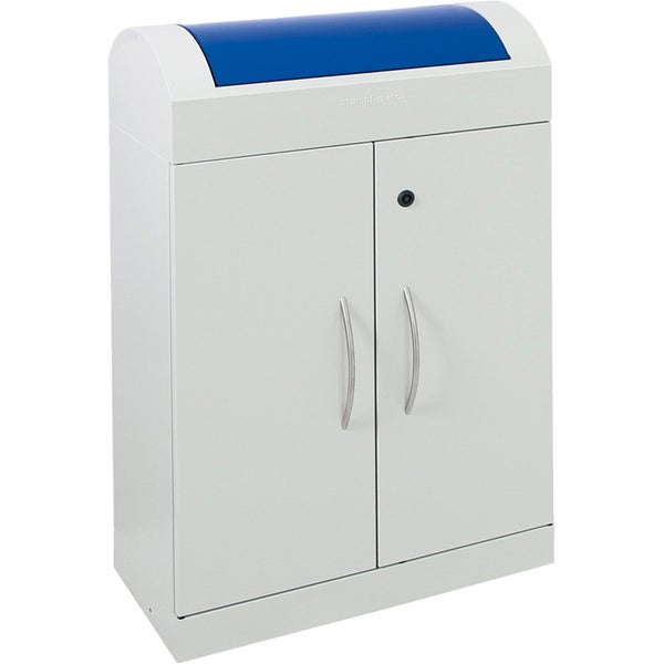 Müllsammler aus Metall mit geöffneten Türen und verzinktem Innenbehälter.