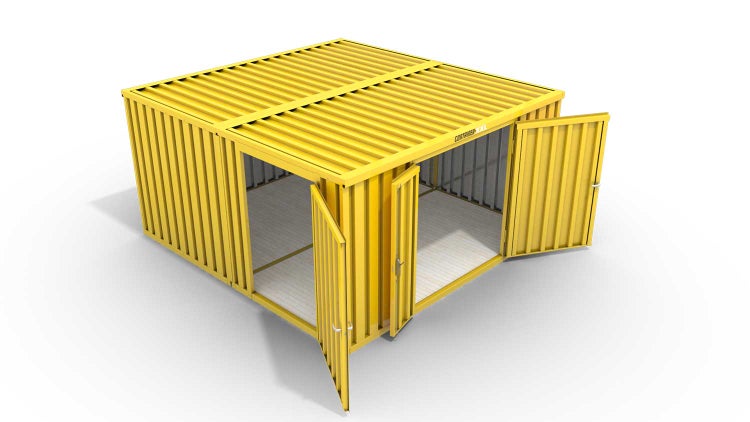 Lagercontainer Gerätehaus L2  – 16 qm, H2150 x B4050 x T4340 mm, Außenwandlackierung RAL 1003 signalgelb, Dach außen verzinkt, mit Holzfußboden, 1830 mm Doppelflügeltür mittig in Stirnseite und 1270 mm Einflügeltür mittig in Modul C, montiert