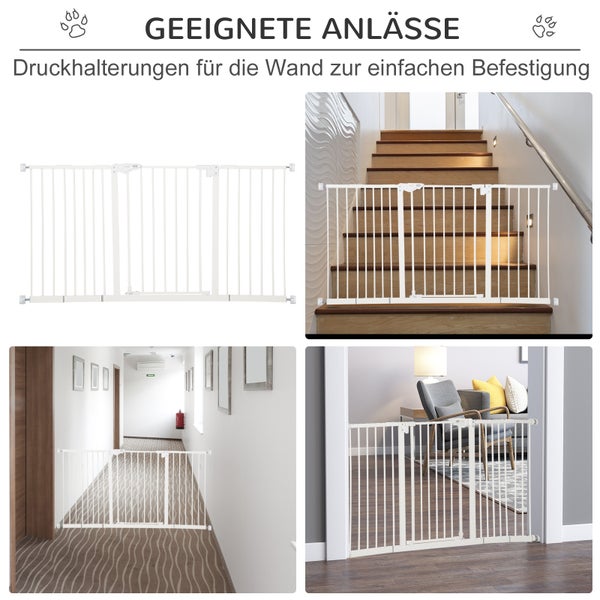 PawHut Türschutzgitter Hunde, Absperrgitter, 74-147,5 cm, Treppenschutzgitter für Haustier, Hundegitter inkl. 3 verschiedene Verlängerungen, Schutzgitter ohne Bohren, Metall, Kunststoff, Weiß