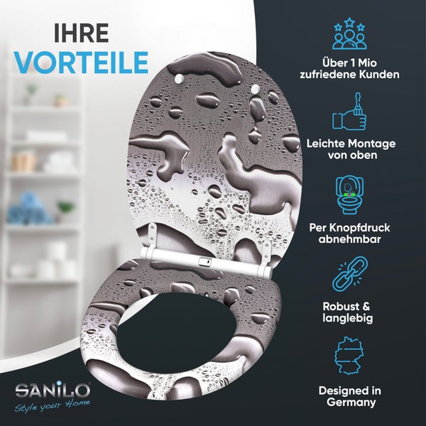 Sanilo Logo. Toilettensitz mit Wassertropfen-Dekor auf Edelstahl-Optik. Merkmale sind einfache Montage von oben, abnehmbar, robust und langlebig.