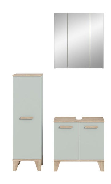 Badezimmermöbel Set bestehend aus einem Spiegelschrank, einem Hochschrank und einem Waschtischunterschrank in moderner Optik.