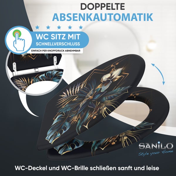 WC Sitz mit Absenkautomatik und Schnellverschluss Sanilo in moderner Optik mit Blumenmuster zum einfachen Abnehmen per Knopfdruck.