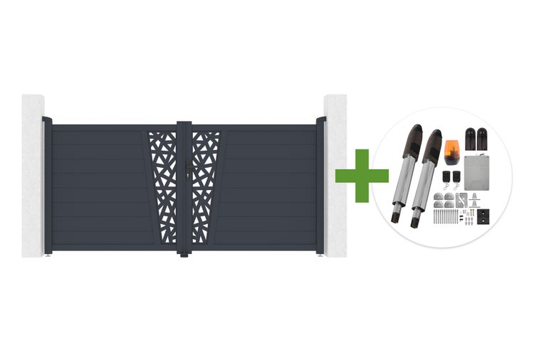 Zweiflügeliges Drehtor in Anthrazit mit geometrischem Muster inklusive elektrischem Torantrieb-Set.