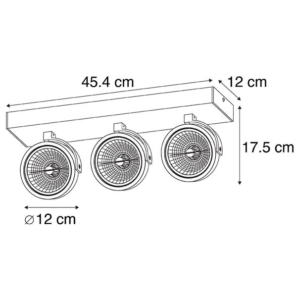 Technische Zeichnung einer Deckenleuchte mit drei Strahlern und Maßangaben