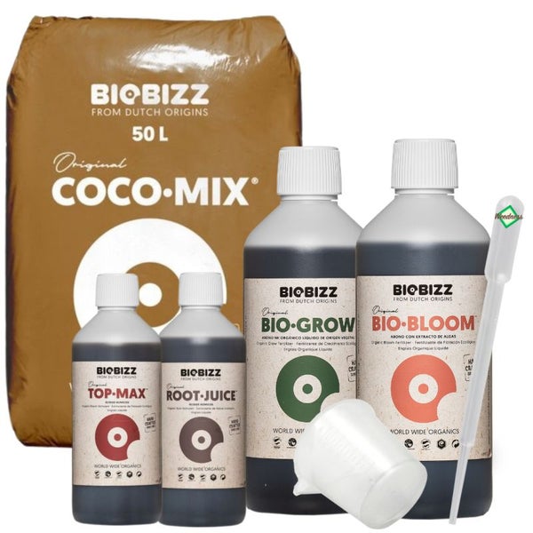 BioBizz Coco Mix Set Medium – 50L Kokos-Substrat + Bio Grow, Bloom, Top-Max & Root Juice – Premium-Komplettset für kräftiges Wachstum & Blüte inkl. Pipette