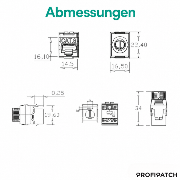 Technische Zeichnung mit Abmessungen in Millimeter für ein Kategorie 8 Keystone-Modul. Profipatch Logo.