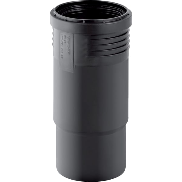 Schwarze Schiebemuffe aus Kunststoff für Abwasserrohre mit Dichtungsring und geripptem Oberteil.
