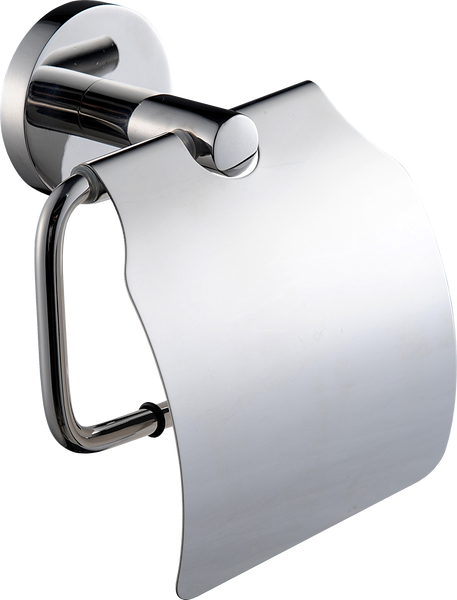 Toilettenpapierhalter mit Deckel aus verchromtem Metall zur Wandmontage.