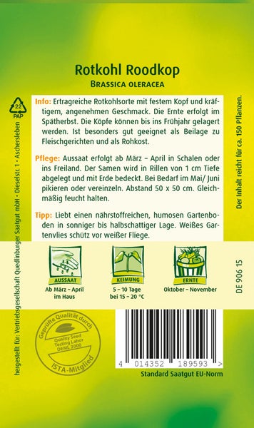 Rückseite der Samenpackung für Rotkohl Roodkop mit Anbauanweisungen, Aussaatzeit März bis April, Erntezeit Oktober bis November und Qualitätssiegel.