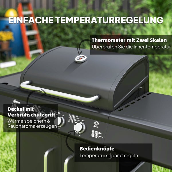 Outsunny Gasgrill 15,2 KW Grillwagen inkl 5 Edelstahl-Brenner Rolle Seitenkocher Druckminderer Gasschlauch Deckel Thermometer Seitenablagen, BBQ Gartengrill für Balkon, Grill 129,5 x 56 x 110 cm